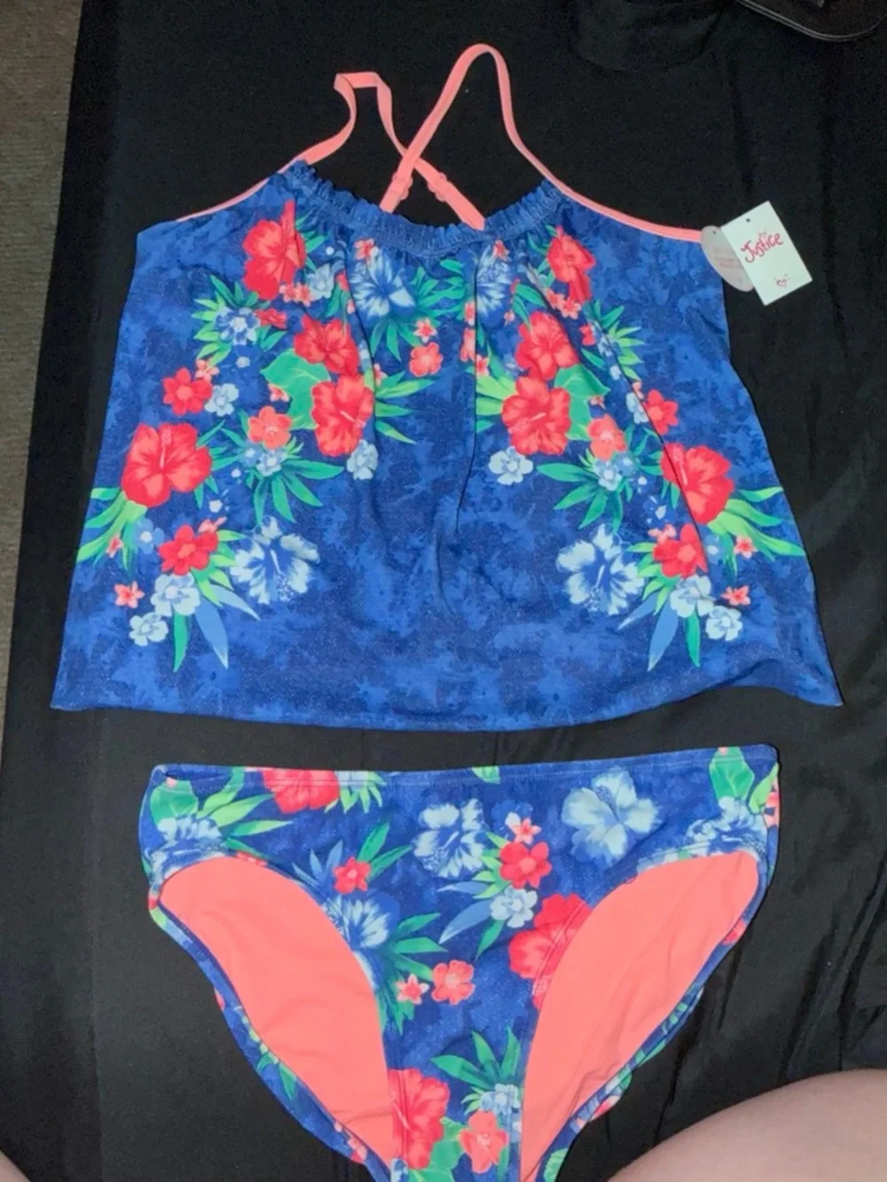 Justice Blue Floral Tankini with Coral Accents